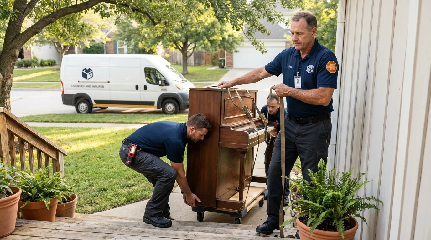 Licensed piano movers securing grand piano in Palmer Lake, CO