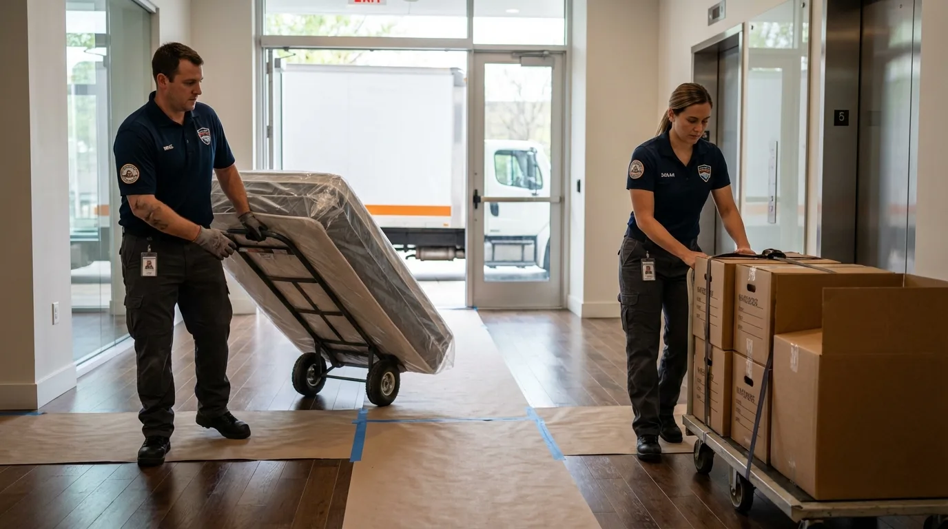 Professional apartment movers loading elevator in Palmer Lake, CO