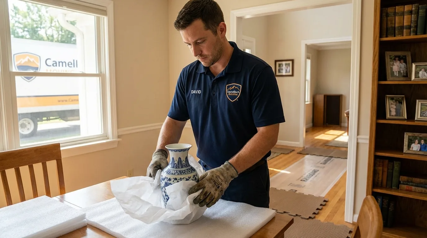 Professional crew carefully wrapping antique vase for senior downsizing move in Palmer Lake, CO